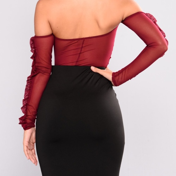 Out From Under Ruffle Mesh Bodysuit - Burgundy - Picture 5 of 5